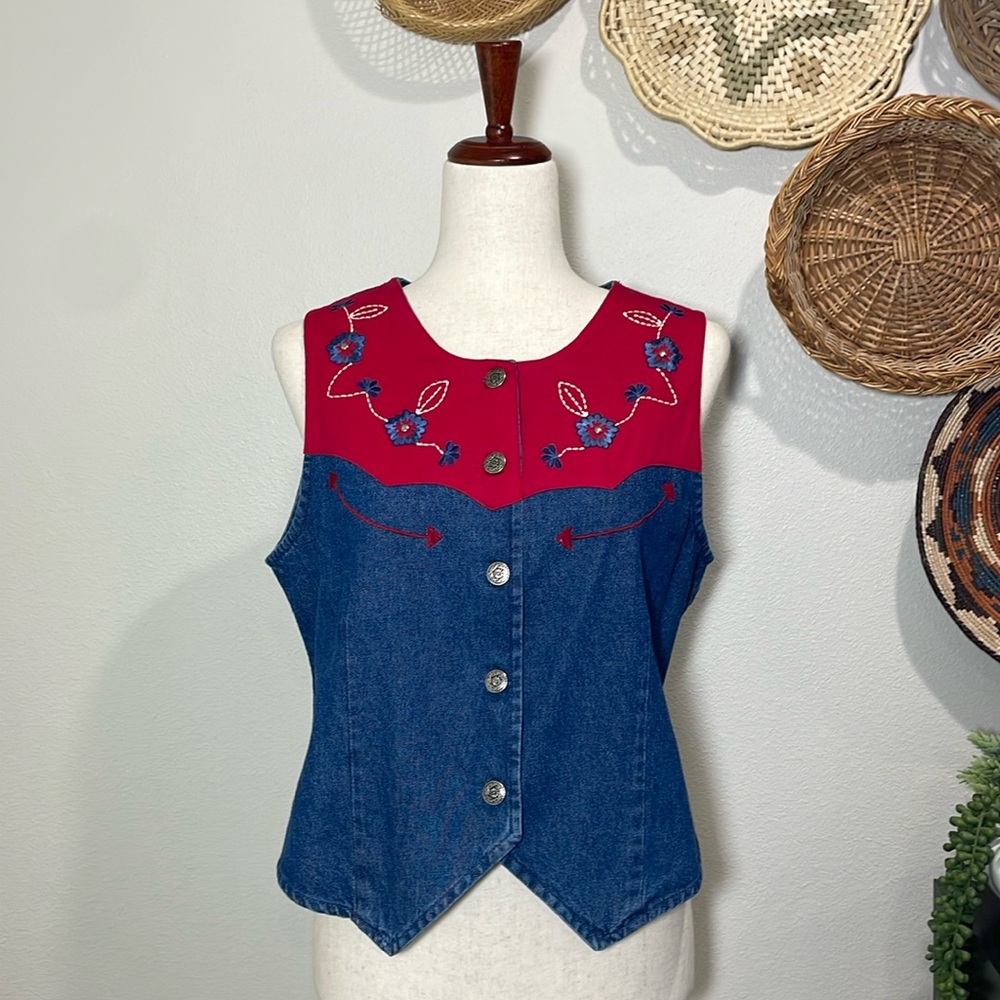 Vintage Embroidered Button Up Denim Vest Red, White & Blue Ozark Size Medium